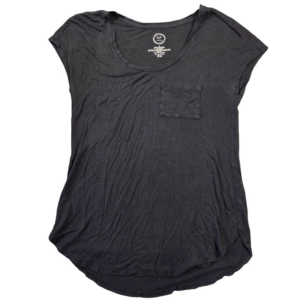 Maurices 24/7 Womens Small Black Scoop Neck Pocket Tee Short Sleeve High Low Hem